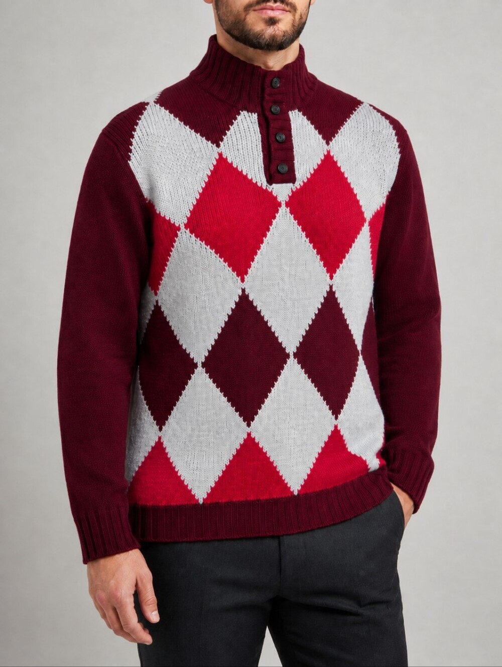 Andrea Fenzi Cashmere Argyle Mock Neck Sweater Made In Italy XL